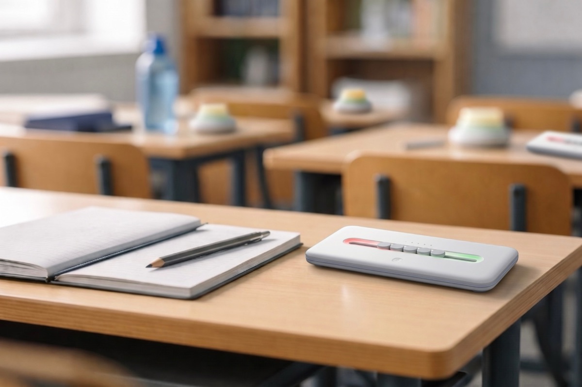 An Abacus instrument on a classroom desk beside an open notebook