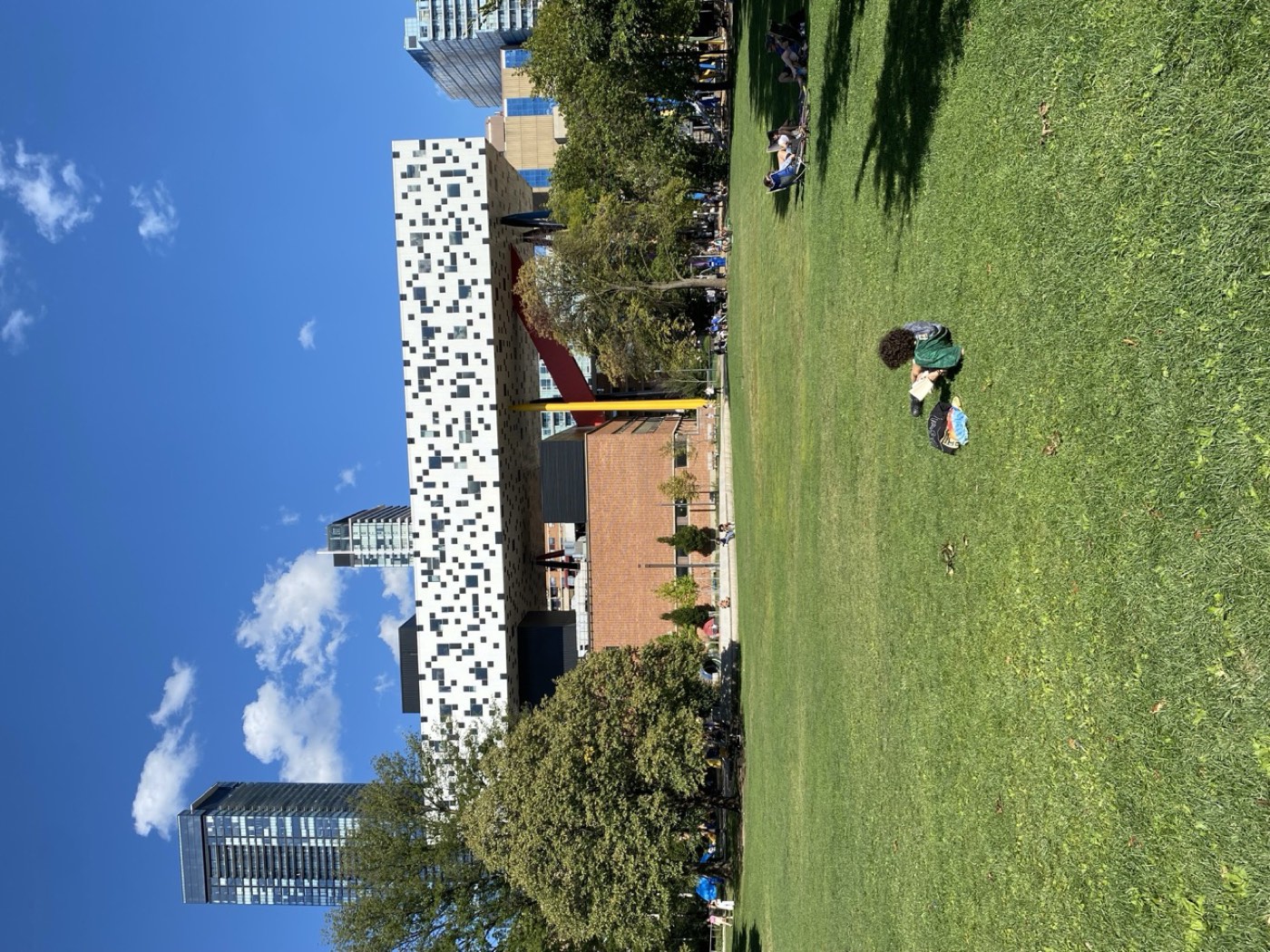 The Sharp Centre for Design seen across the park on a sunny first day
